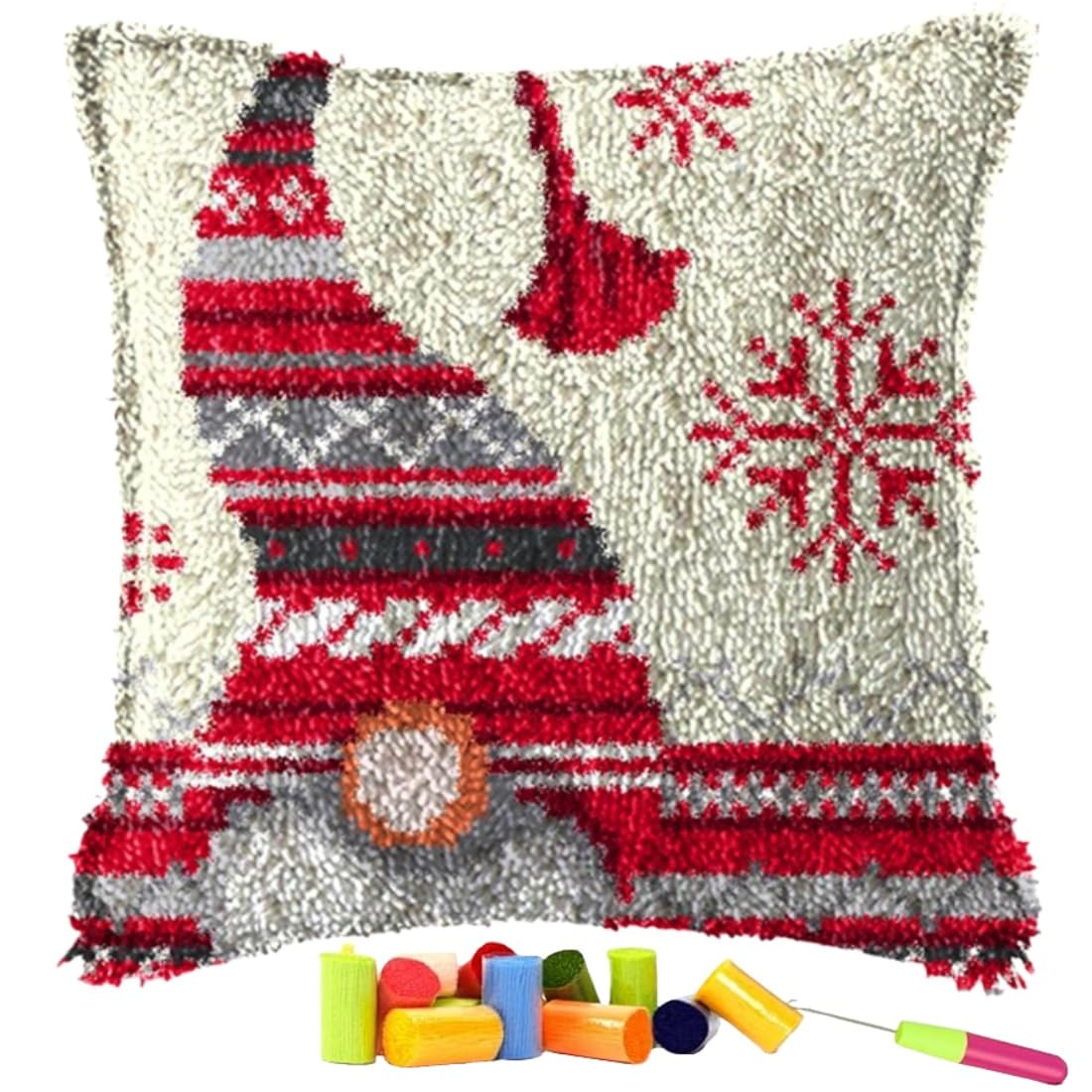 YEESAM ART Latch Hook Cushion Kits for Adults & Beginners, Christmas Gnomes Santa Pre-Printed Latch Hooking Pillow Kit, DIY Embroidery Set Pillowcase for Home Sofa Decor Idea (Gnome)