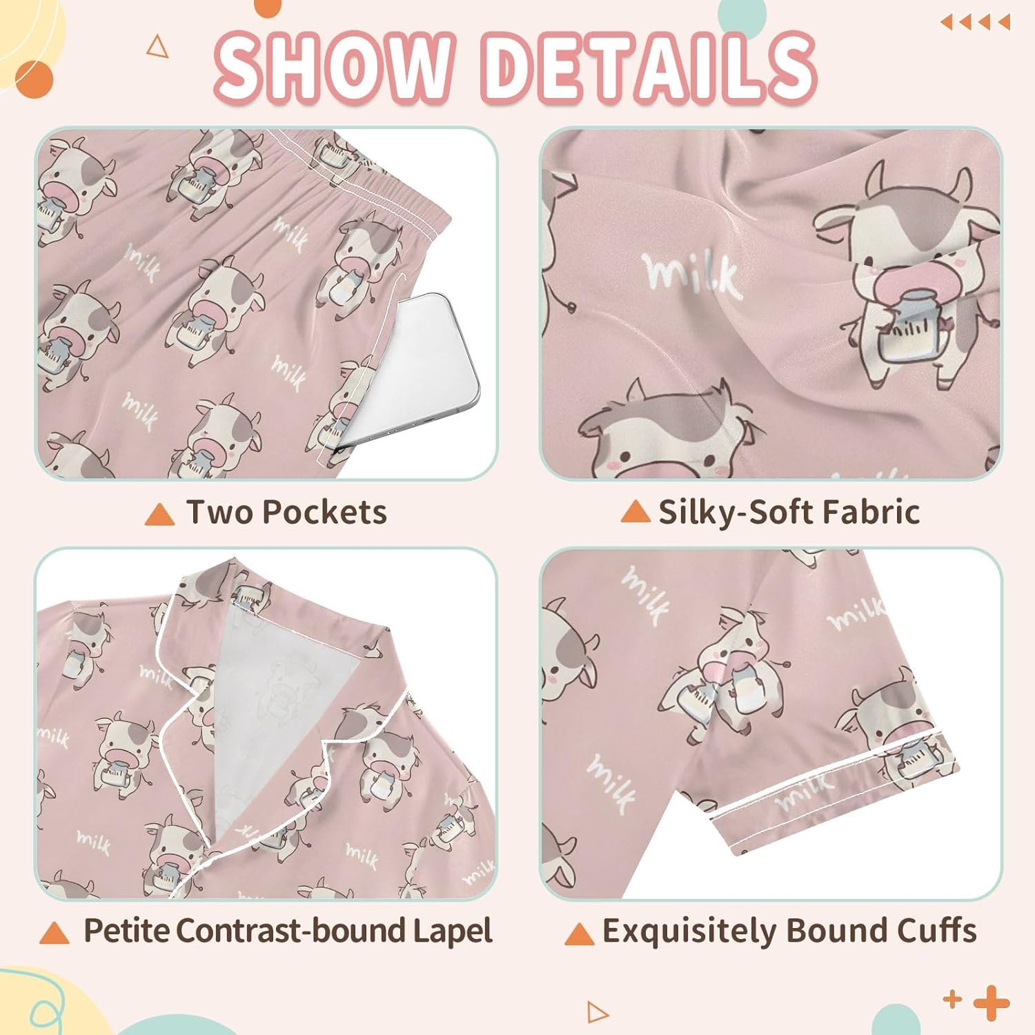 Kids Satin Wear Set Cartoon Cow Pattern Relaxing Clothing Short Sleeve and Shorts
