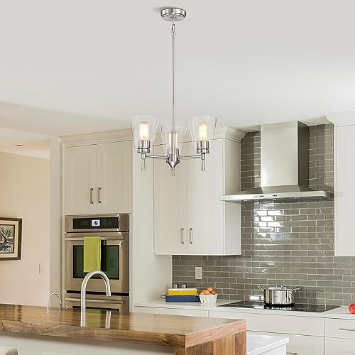 Miniatura 3 de Edvivi Briarwood - Candelabro de níquel cepillado con pantallas de cristal de cono transparente, 3 luces modernas colgantes industriales para isla