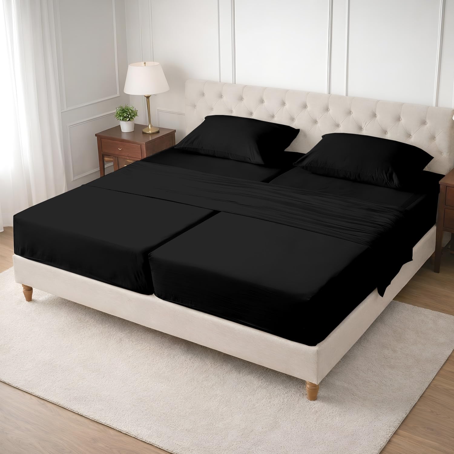 SGI Split King Sheet Set for Adjustable Bed Egyptian Premium Cotton 600 Thread Count Sheets for Sleep Number Bed 15" Deep Pocket 5 Pc Set with 2 Twin XL Fitted Sheets Soft Breathable -Black