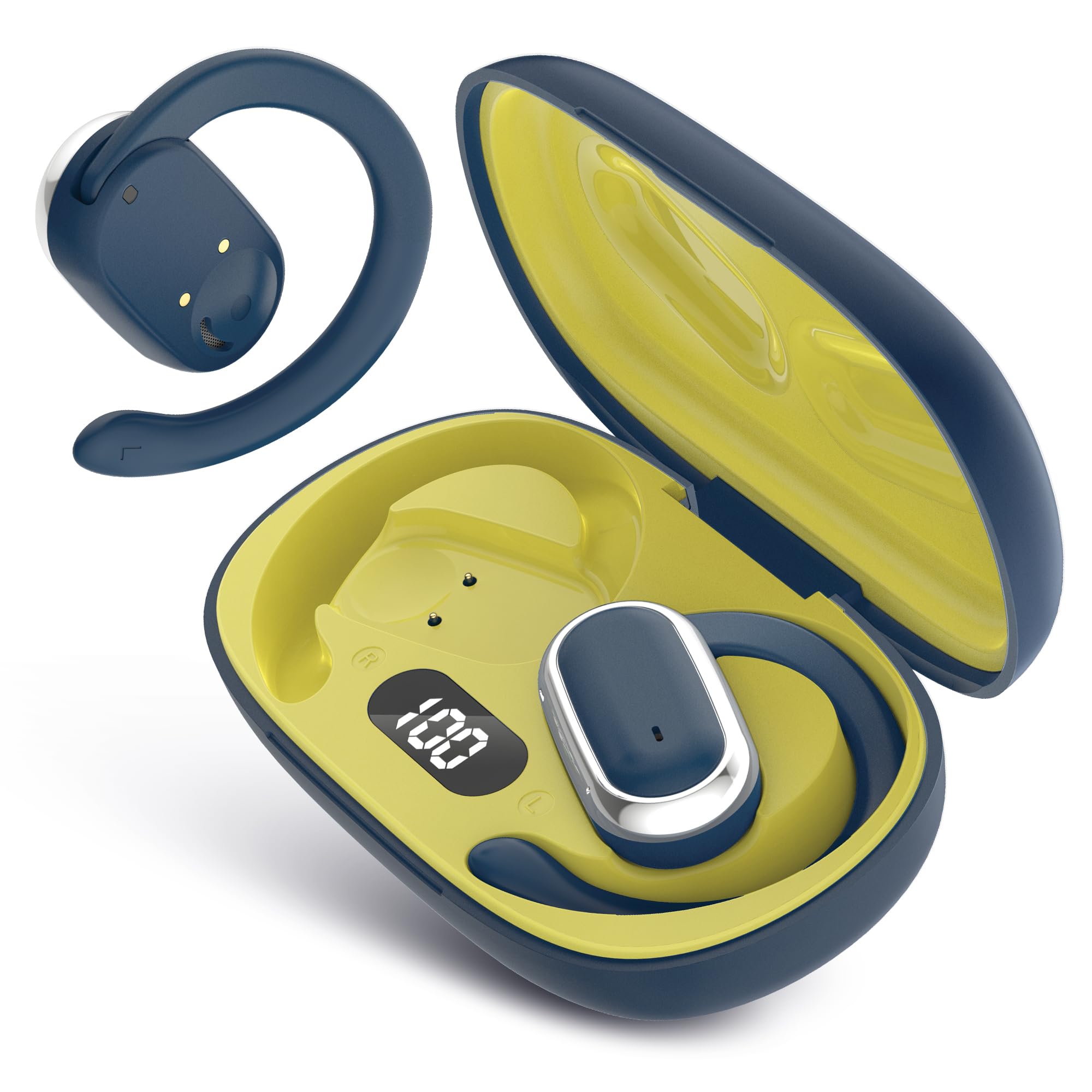 Quiksilver Auricolari senza fili, Bluetooth 5.4, con display digitale intelligente e gancio ergonomico per l'orecchio, comandi touch, resistenti al sudore, per sport, fitness, viaggi, allenamento
