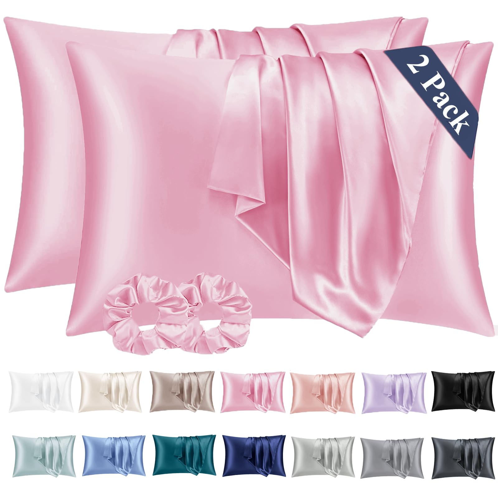 Vielit 2 Pack Satin Pillowcase for Hair and Skin Cooling,Soft as Silk Pillowcase for Hair and Skin,Easier Care than Silk Pillow Case Pink 50x75cm Gifts for Women Envelope & 2 Scrunchies
