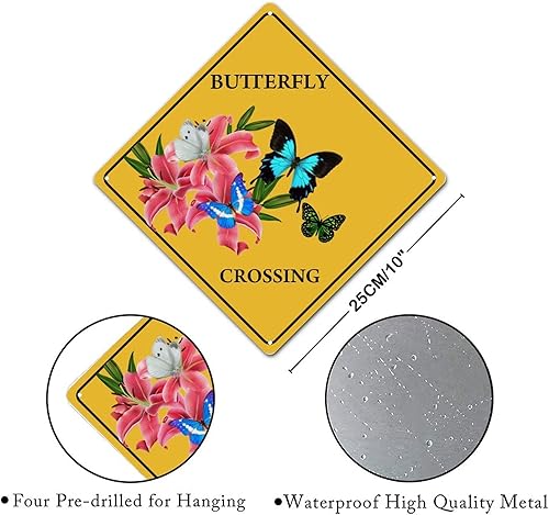 Miniatura 2 de Letrero de metal con diseño de mariposa retro francesa con diseño de cruz Xing, con texto en inglés "Beware of Butterfly Metal Sign" de advertencia