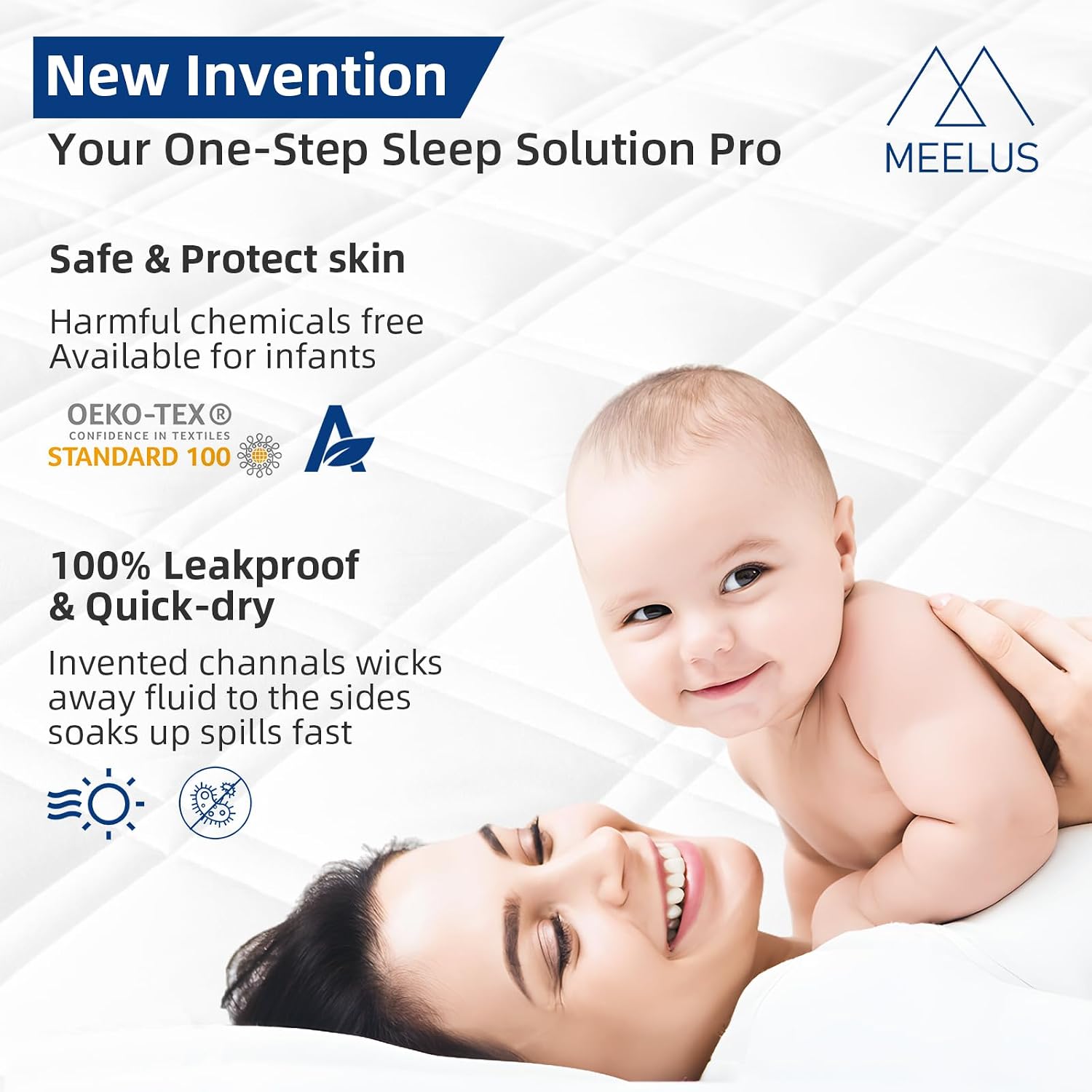 MEELUS Queen Size Mattress Pad Protector Waterproof Quilted Fitted Bed Cover Cooling Deep Pocket Fits 8“-21” Noiseless Breathable Soft Absorbent Washable Lasting Stain Protection, White