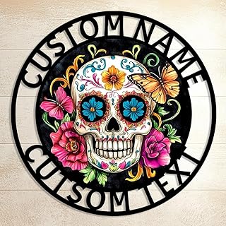 Personalized Sugar Skull Metal Sign, Custom Name Flowers Skull Home & Room Decor Wall Art for Halloween, Customized Mexico Day of The Dead Decorations Floral Sugar Skull Door Signs