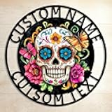 Personalized Sugar Skull Metal Sign, Custom Name Flowers Skull Home & Room Decor Wall Art for Halloween, Customized Mexico Day of The Dead Decorations Floral Sugar Skull Door Signs