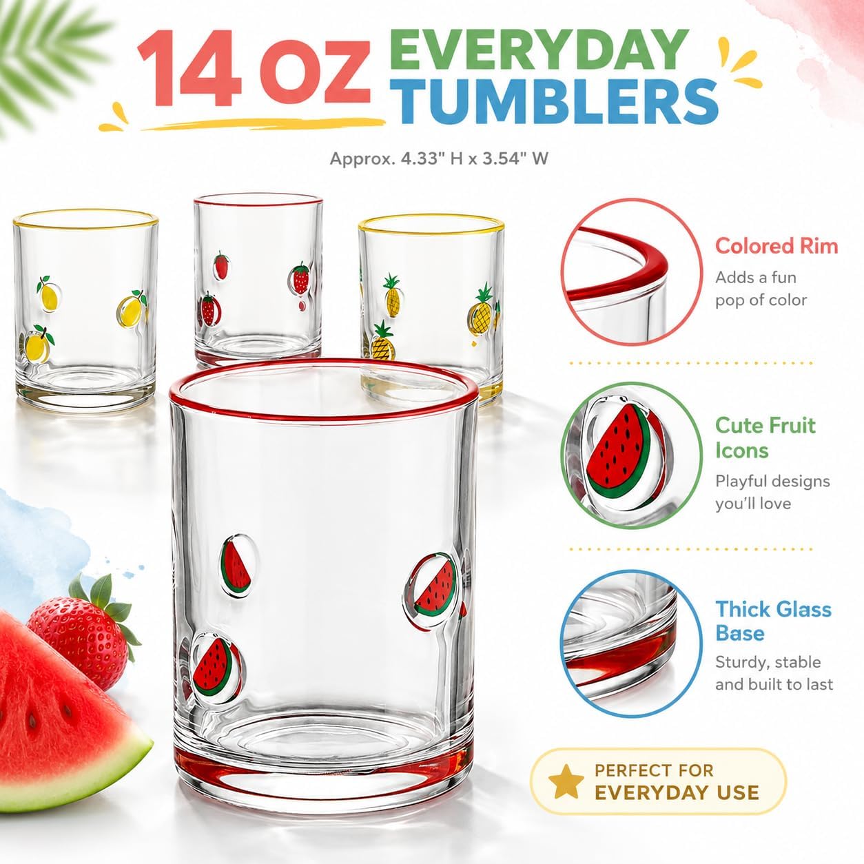 4 Pack Fruit Icon Drinking Glasses Set - 14 oz Watermelon,Lemon, Strawberry, Pineapple Stemless Glass Cup,Cute Summer Glassware for Iced Coffee, Water, Cocktails, Housewarming Gift