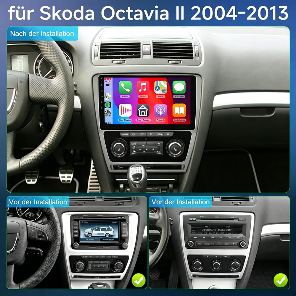 2+32G podwójne radio samochodowe DIN do Skoda Octavia II 2004-2013, 10-calowy ekran dotykowy Car Display radio samochodowe z wyświetlaczem, Bluetooth, GPS, nawigacja, Android 14, WiFi, kamera cofania