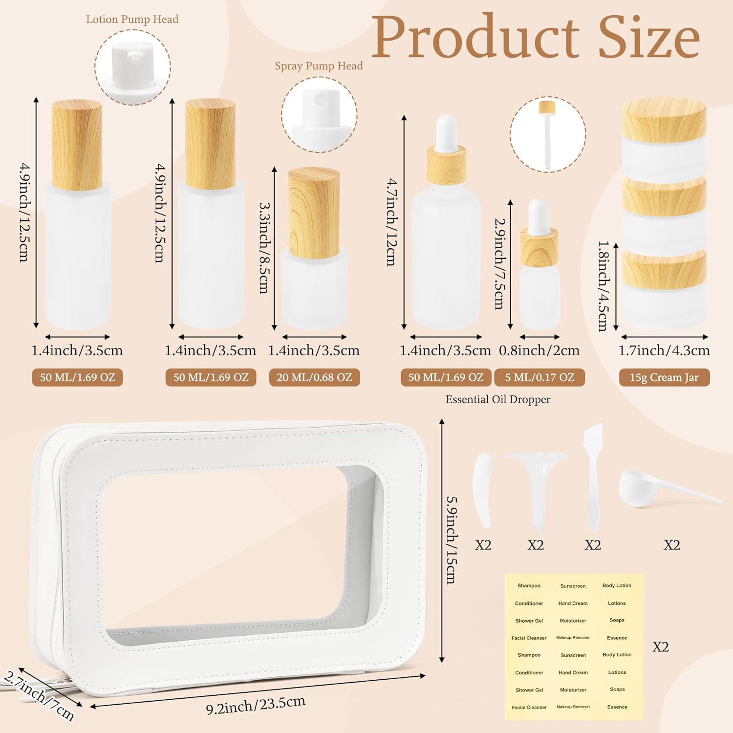 Glass Travel Bottles for Toiletries - 19pcs Skincare Travel Containers with PU Leather Toiletry Bag, Pump Spray Bottle Cream Jar Leak Proof Mini Makeup Containers for Serum Moisturizer Toner