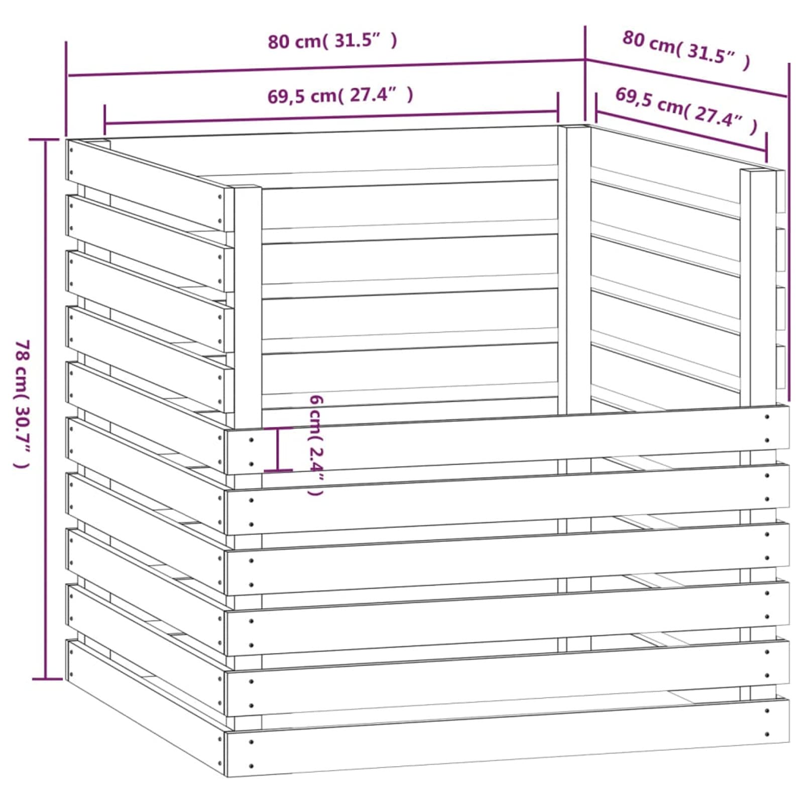Compostador de Madera Maciza de Pino Blanco 80x80x78 cm, Compostadora Organica Jardin, Vermicompostador, Composteras Huerto, Compostera Domestica
