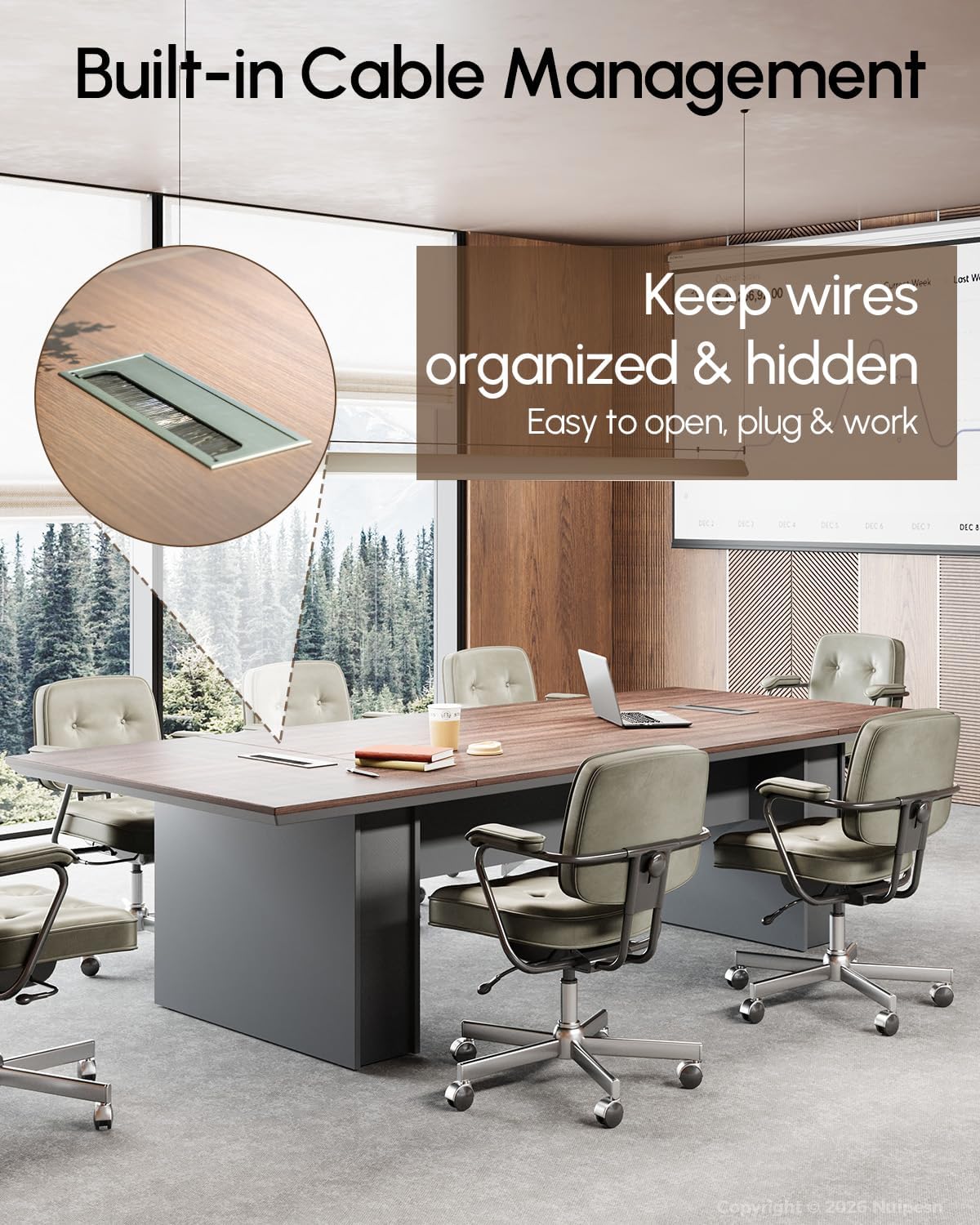 95" Conference Table, Rectangular 44" Wide Boardroom Meeting Table for 8-10 People, 30" H, 1.65" Thick Top, Center Cable Management Grommet, Modern Office, Walnut & Gray