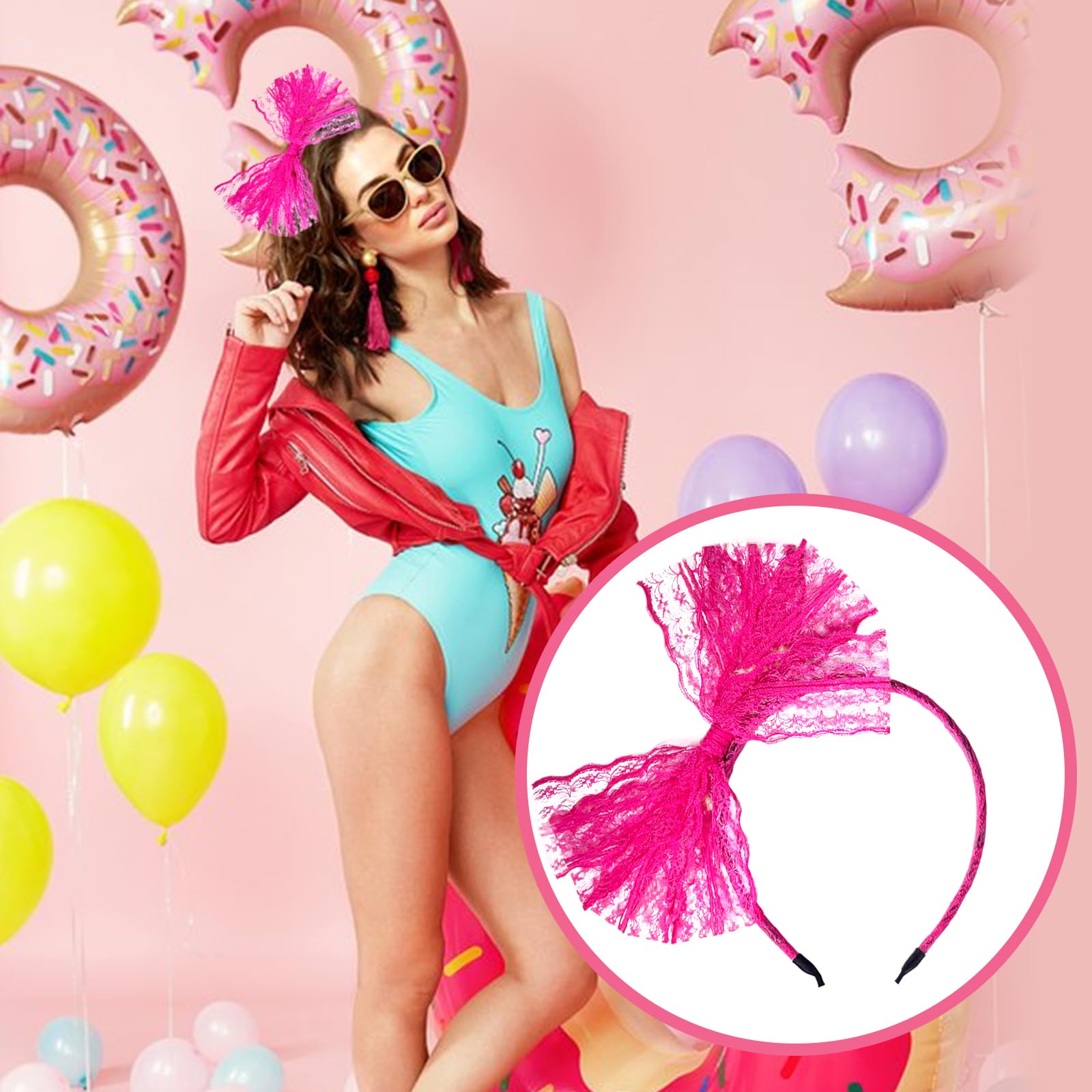 Déguisement Années 80 Pour Fille – Colliers, Bracelets, Gants Résille, Bandeau Dentelle Et Boucles Fluo (rose)