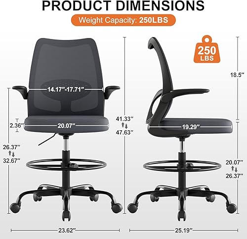 Miniatura 2 de Silla alta de oficina para escritorios de pie, silla de dibujo de escritorio alto con anillo reposapiés ajustable, soporte lumbar ergonómico,