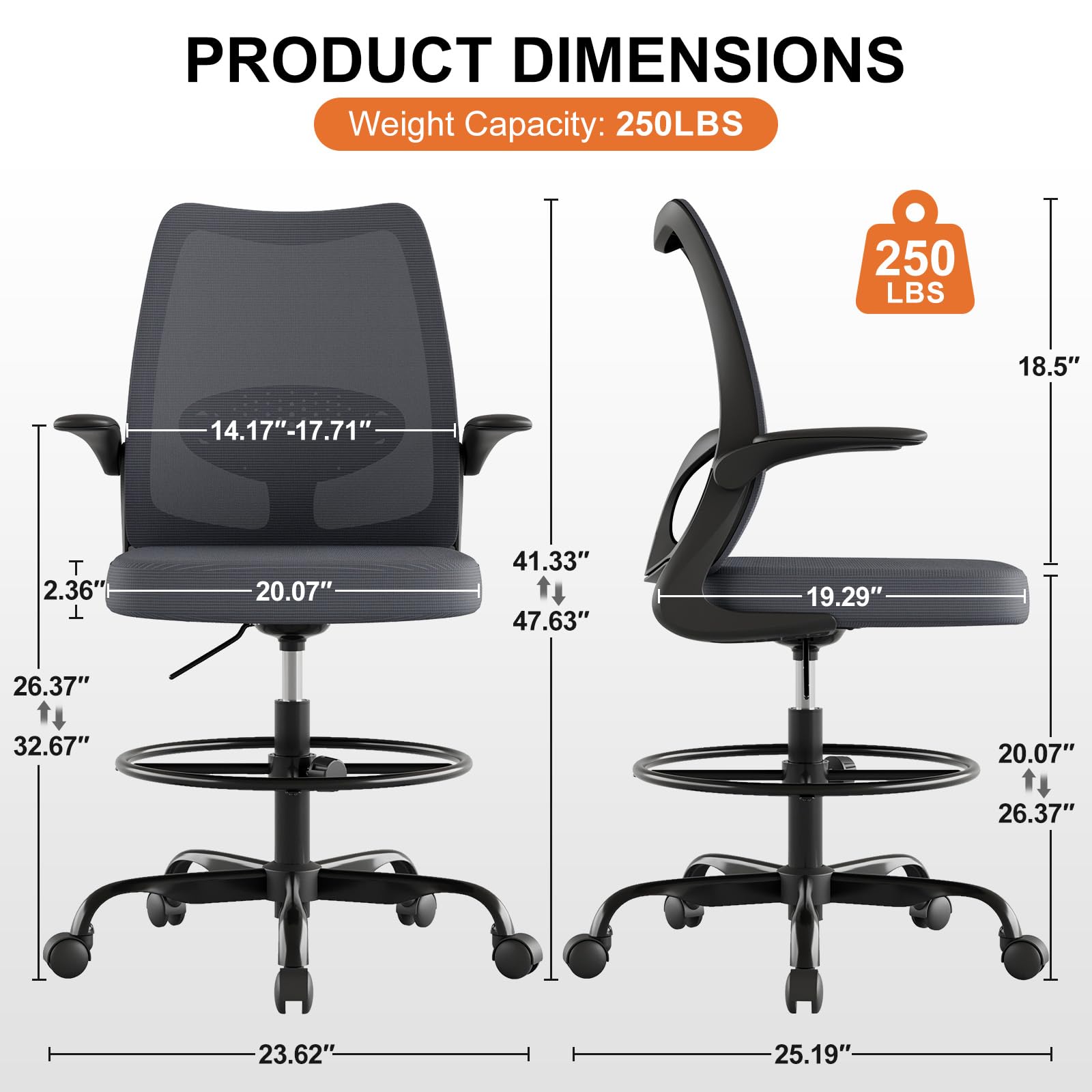 Tall Office Chair for Standing Desks,High Desk Drafting Chair with Adjustable Footrest Ring,Ergonomic Lumbar Support,Flip-Up Armrests for Home Office,Grey