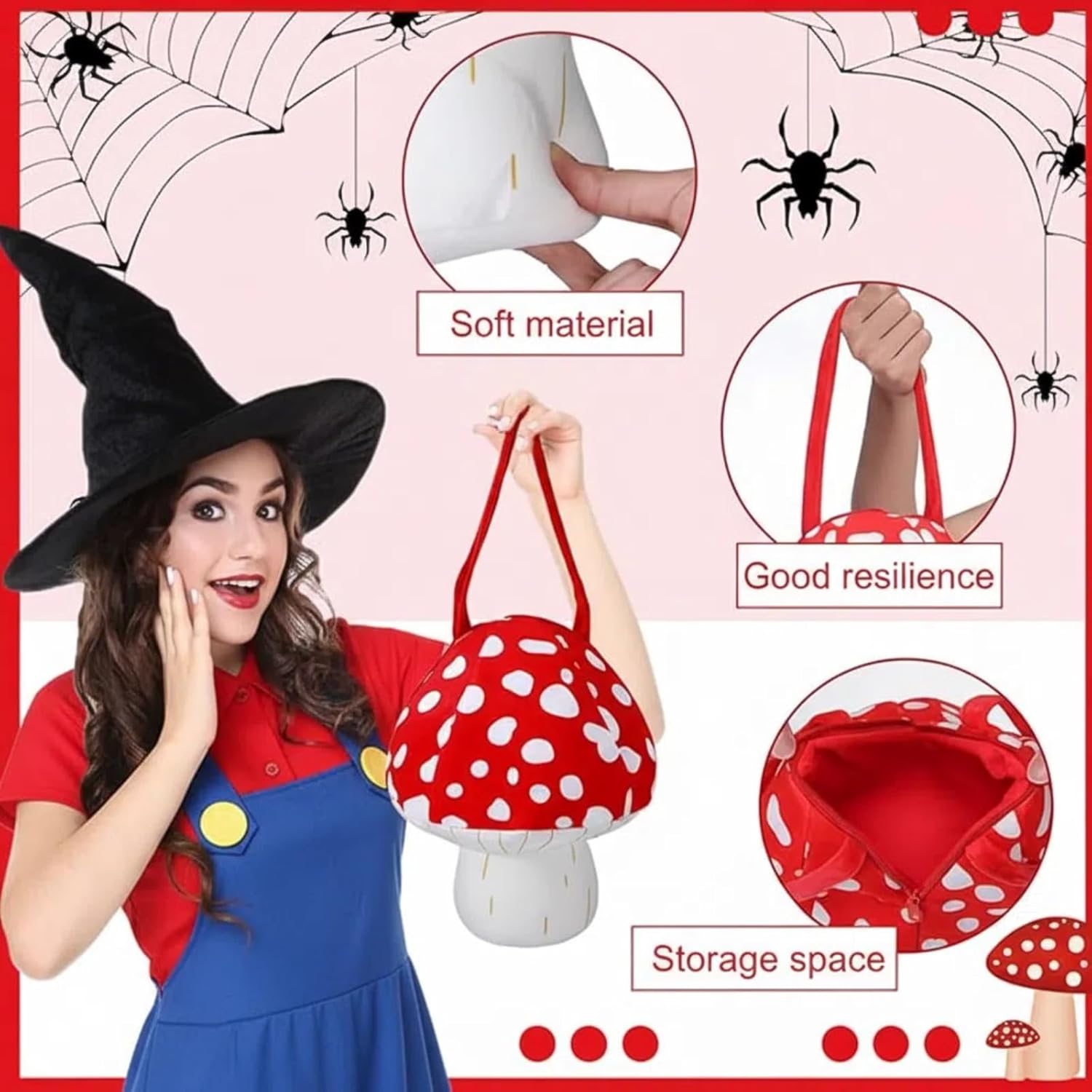 Kinlop 2 Pcs Halloween Mushroom Trick or Treat Bag Cute Mushroom Crossbody with Handle Reusable Accessories for Halloween Cosplay Costumes Lovely Novelty Gifts - Image 4