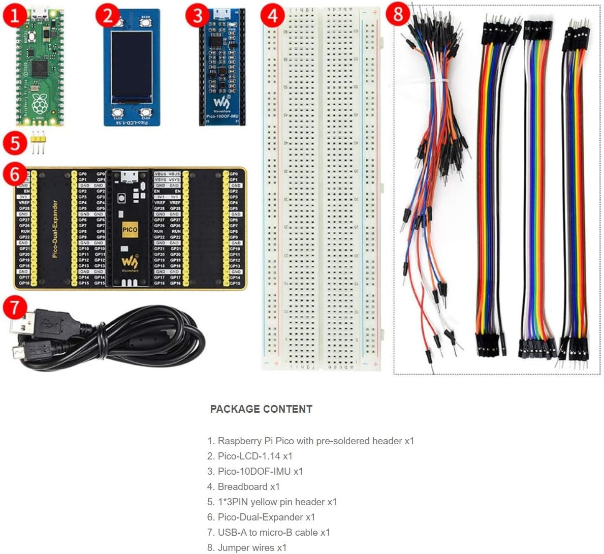 waveshare for Raspberry Pi Pico Evaluation Kit B Include Pi Pico Board with Pre-Soldered Header,1.14inch RGB Color LCD, 10DOF IMU Sensor Module,Dual GPIO Expander,Breadboard
