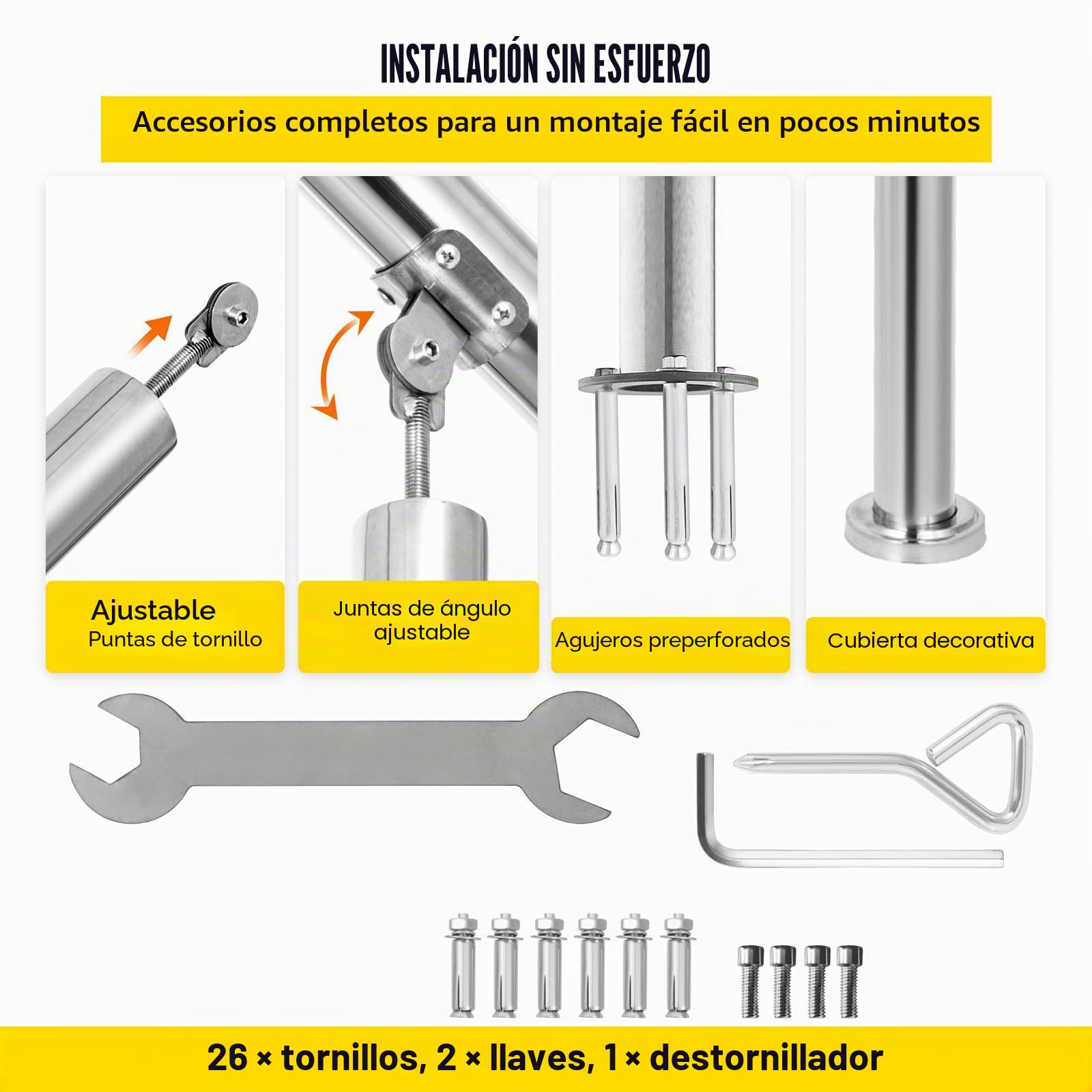 Happybuy Pasamanos Escalera de Acero Inoxidable 304 Barandilla Escalera de 2 a 3 Pasamanos para Escaleras de Color Plata Pasamanos de Pared Ángulo Ajustable 0-60° Montaje en Pared Capacidad de 100 kg