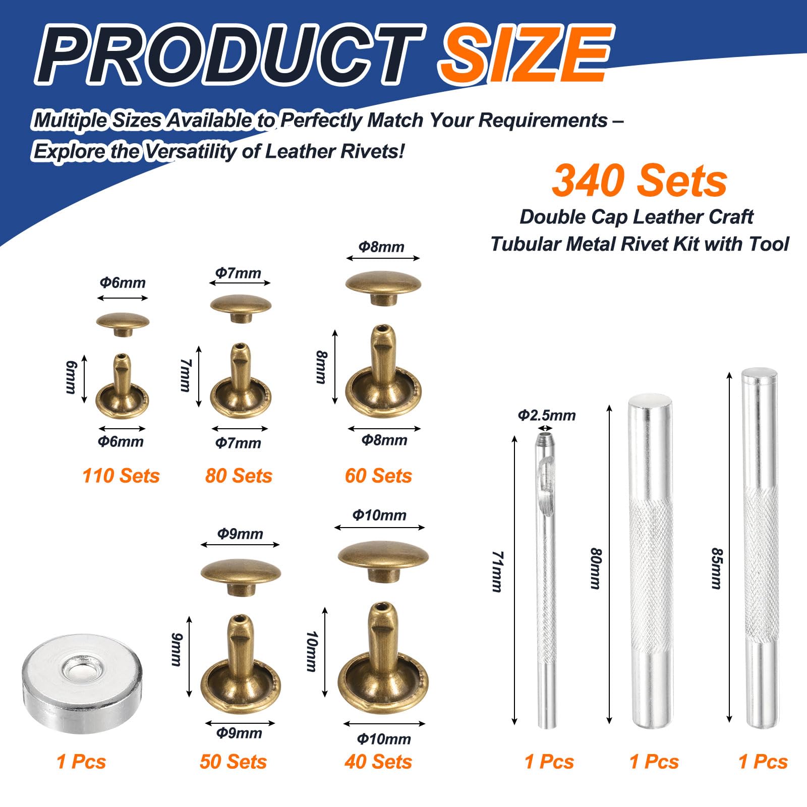 PATIKIL 340 Set Double Cap Leather Rivets Kit - Image 2