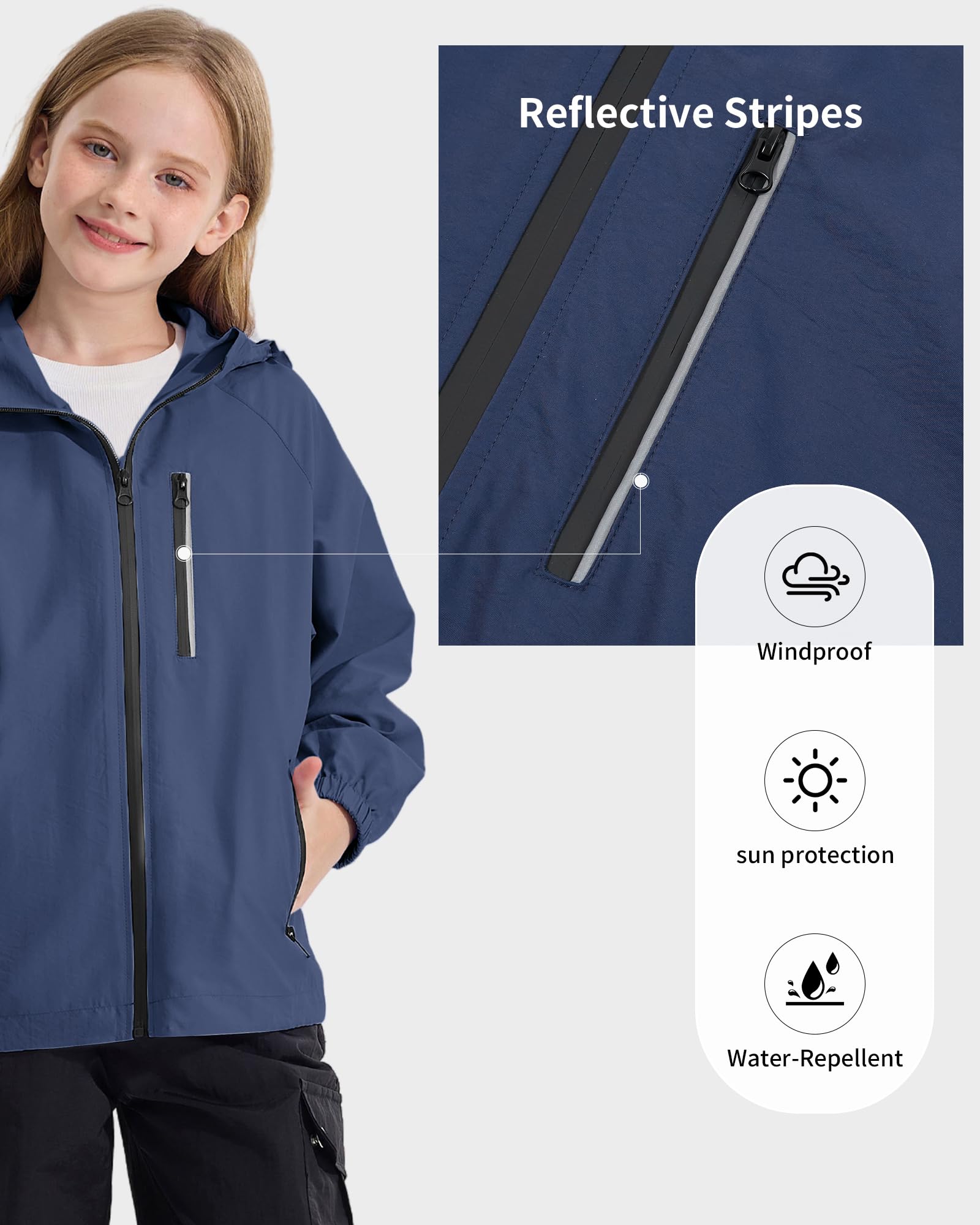 Rolanko Veste Imperméable à Capuche pour Filles, Manteau de Pluie Léger Coupe-vent Vêtements de Pluie pour Garçons de 7 à 14 Ans