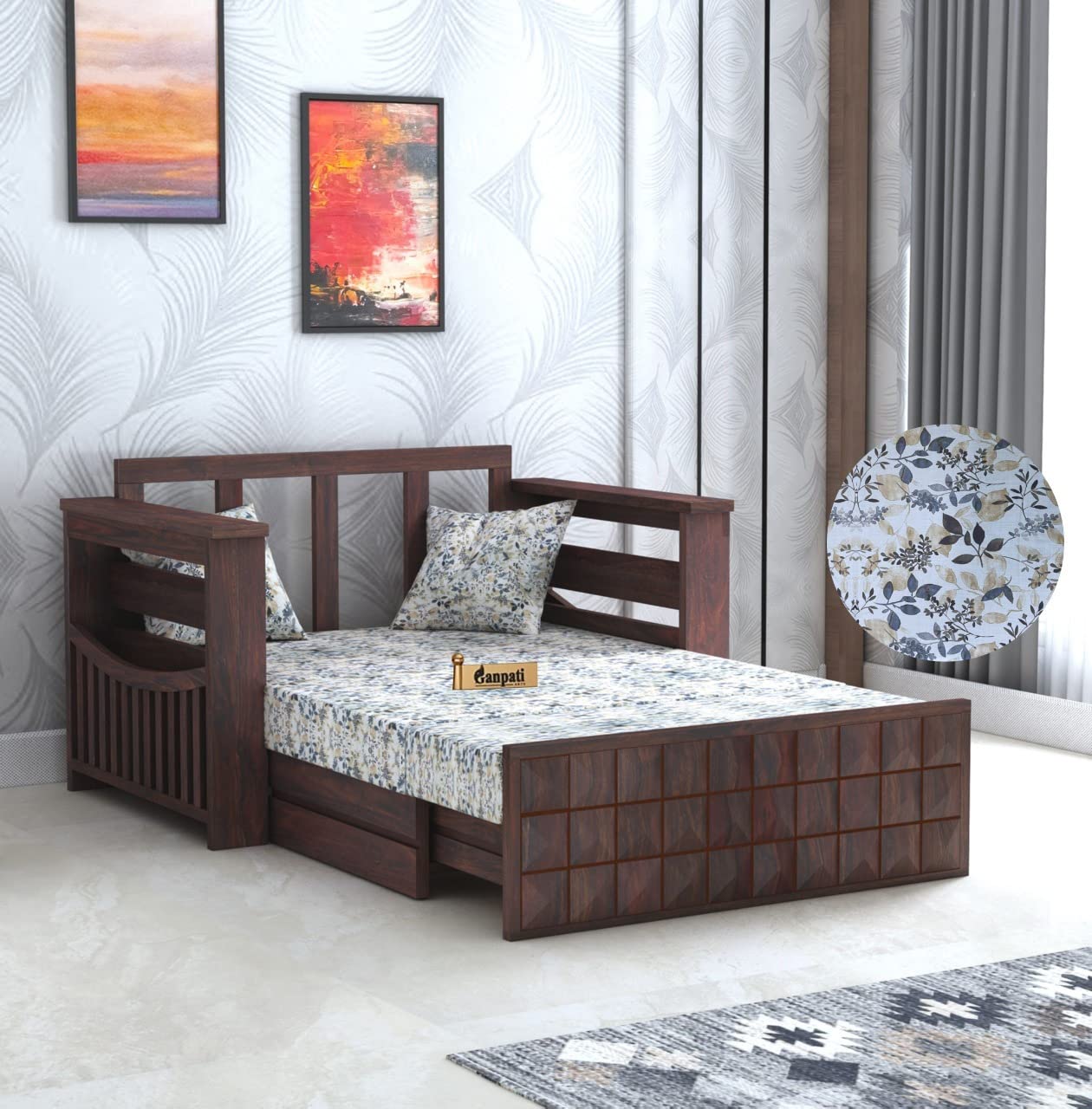 Ganpati Arts Solid Sheesham Wood Diamond 2 Seater Sofa Cum Bed with Floral Fabric and Side Pocket for Living Room Bedroom Multipurpose Decorative Wooden Furniture (Walnut Finish) 1 Year Warranty