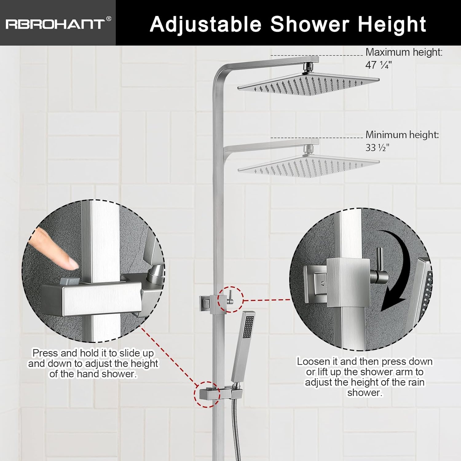 RBROHANT Brushed Nickel Exposed Shower System with Tub Spout, Exposed Shower Fixtures for Bathroom with Brass 3-Functional Valve, Shower Height Adjustable, Wall Mounted