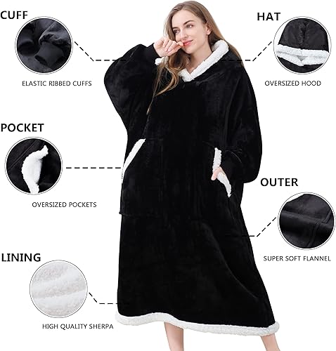 Miniatura 3 de Kipswiza Manta con capucha  Manta larga y acogedora de franela y sherpa con bolsillos grandes para adultos, mujeres, hombres, familiares y amigos,