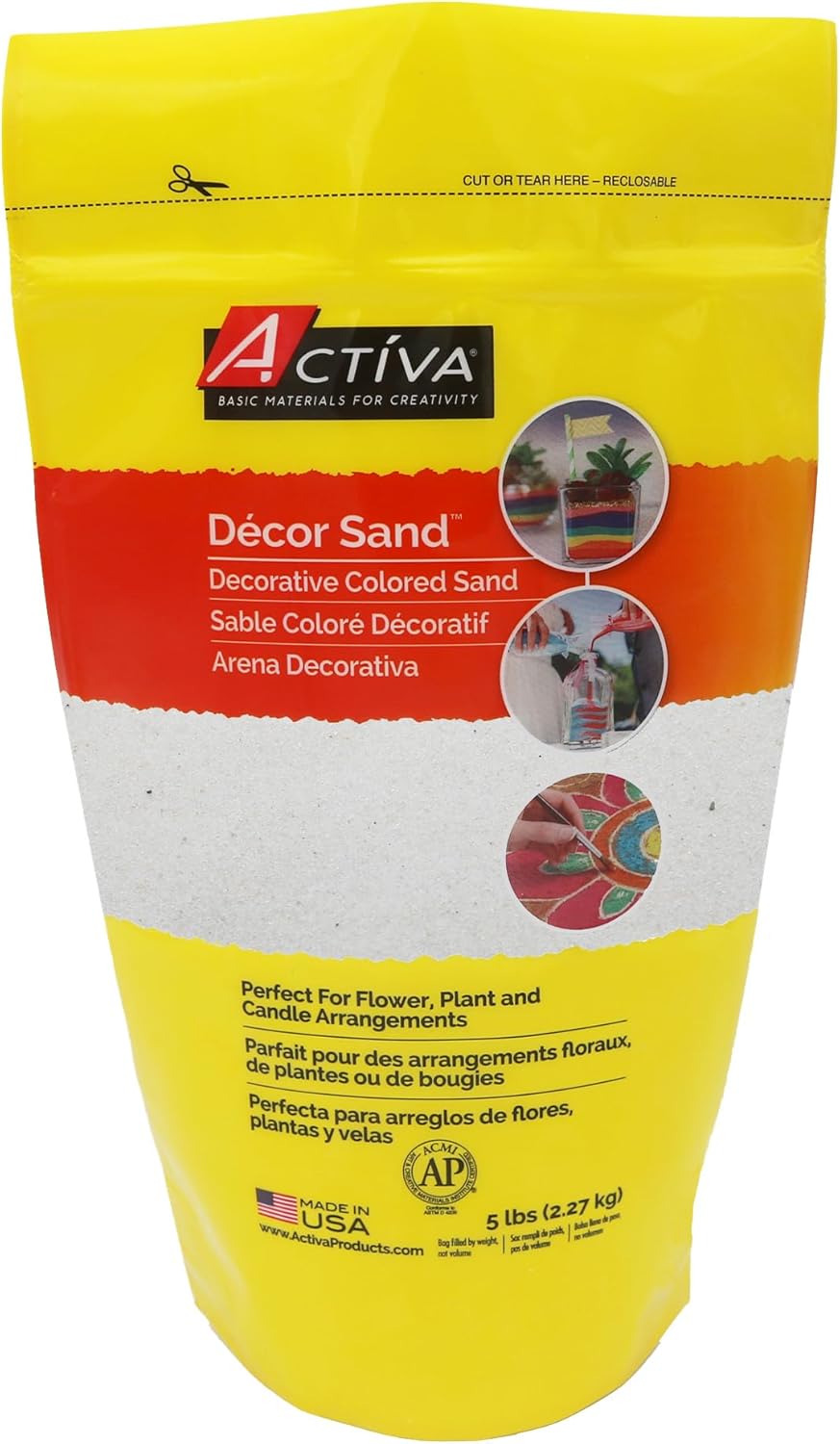Activa White Decorative Colored Sand in Resealable Bag, 5lb (2.27kg) | Fine Grain & Fade-Proof Sand for Arts & Crafts