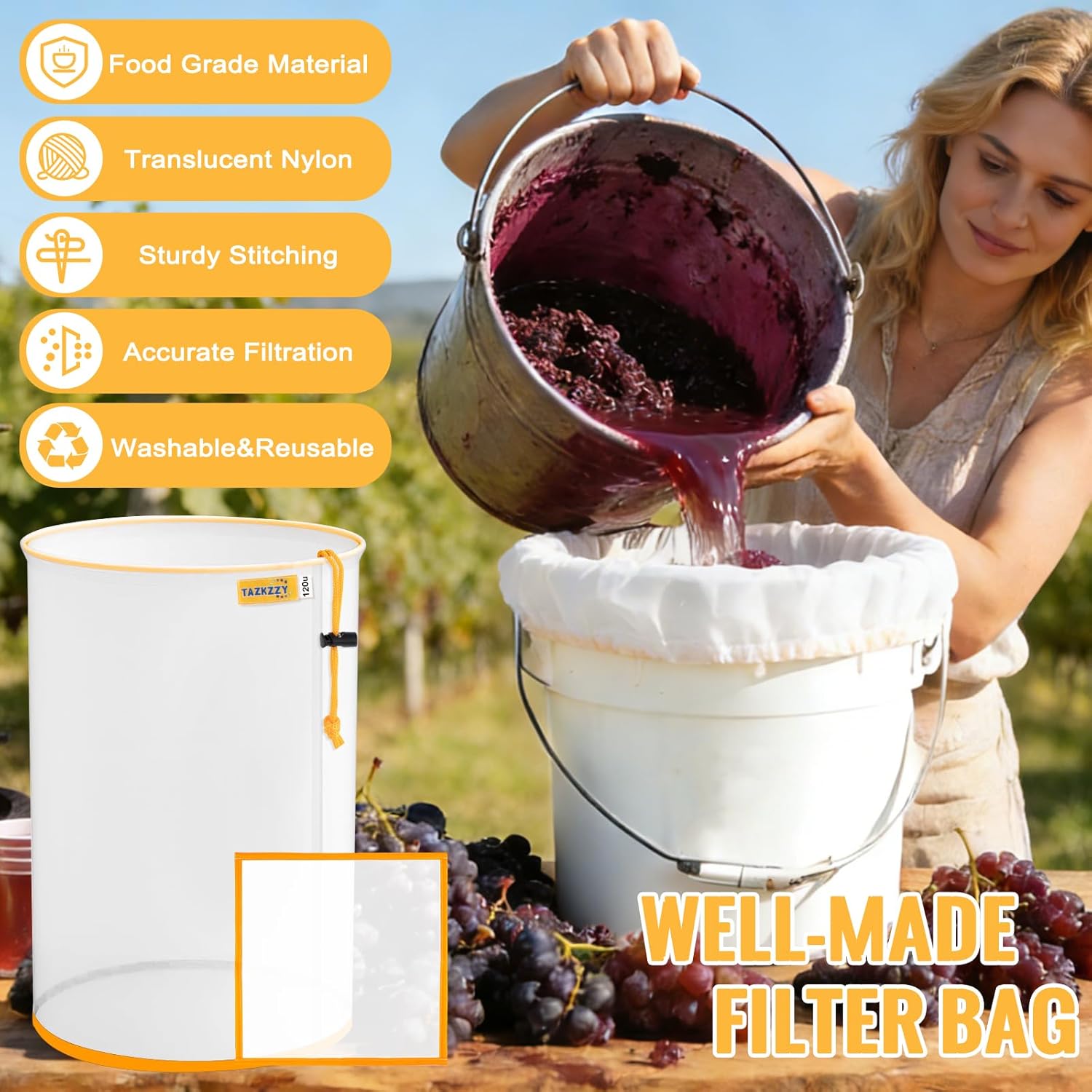 5-Pack 5 Gallon All-Mesh Filter Bags - 25/73/120/160/220 Micron Reusable Nylon Strainer Bags with 2Pcs Pressing Screens, for 5 Gallon Bucket, for Hydroponic Vegetables, Yerba Mate Tea Filtration