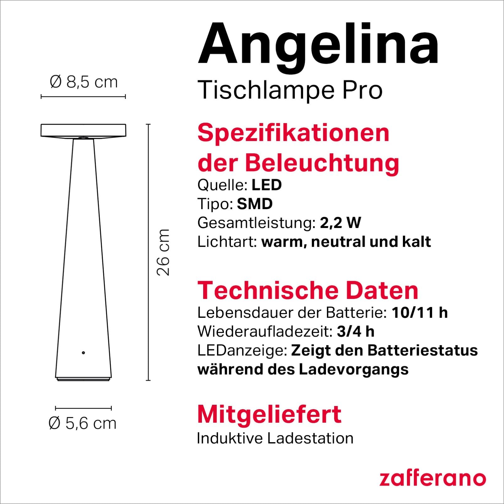 Zafferano, Angelina Lampe, Wiederaufladbare und Kabellose Tischlampe mit Touch Control Und Schwenkbarem Kopf, Geeignet Für Den Innenbereich, Dimmer, 2200-3000 K, Höhe 26 cm, Farbe Rot