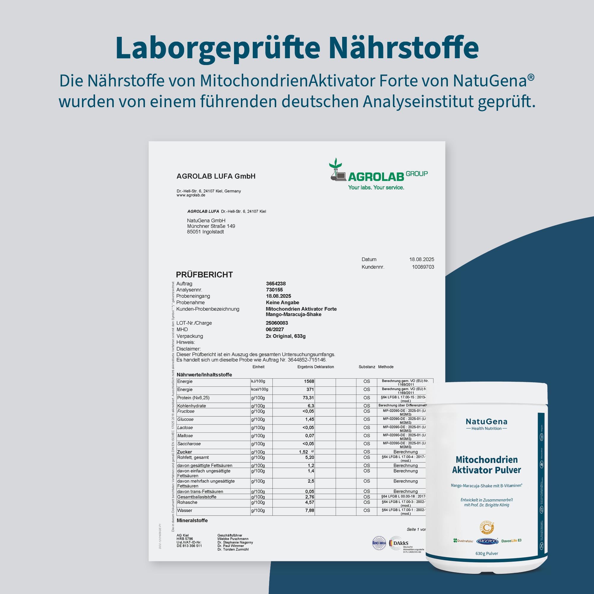 NatuGena Mitochondrien Aktivator Pulver - 2000 mg Kreatin, 1033 mg D-Ribose 1666 mg Taurin, hochwertige Mikronährstoffe, Mango-Maracuja-Shake, vegan, 633g Pulver (30 Tage-Packung)