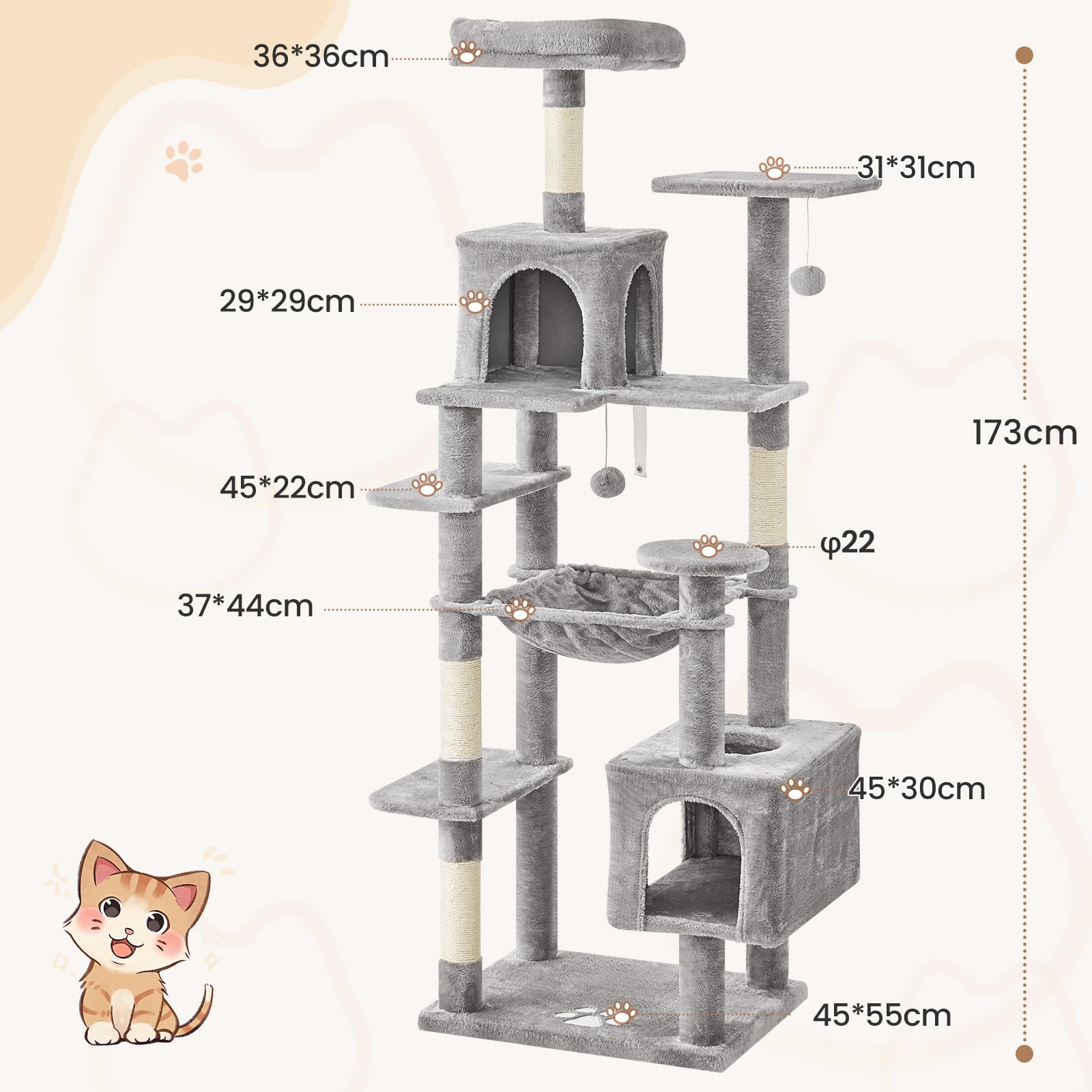 MSmask Árbol de gatos grande, L Árbol para gatos estable, árbol de rascar para gatos con 2 plataformas, 2 cuevas para gatos, hamaca, columnas de sisal, árbol de escalada de varios pisos para gatos