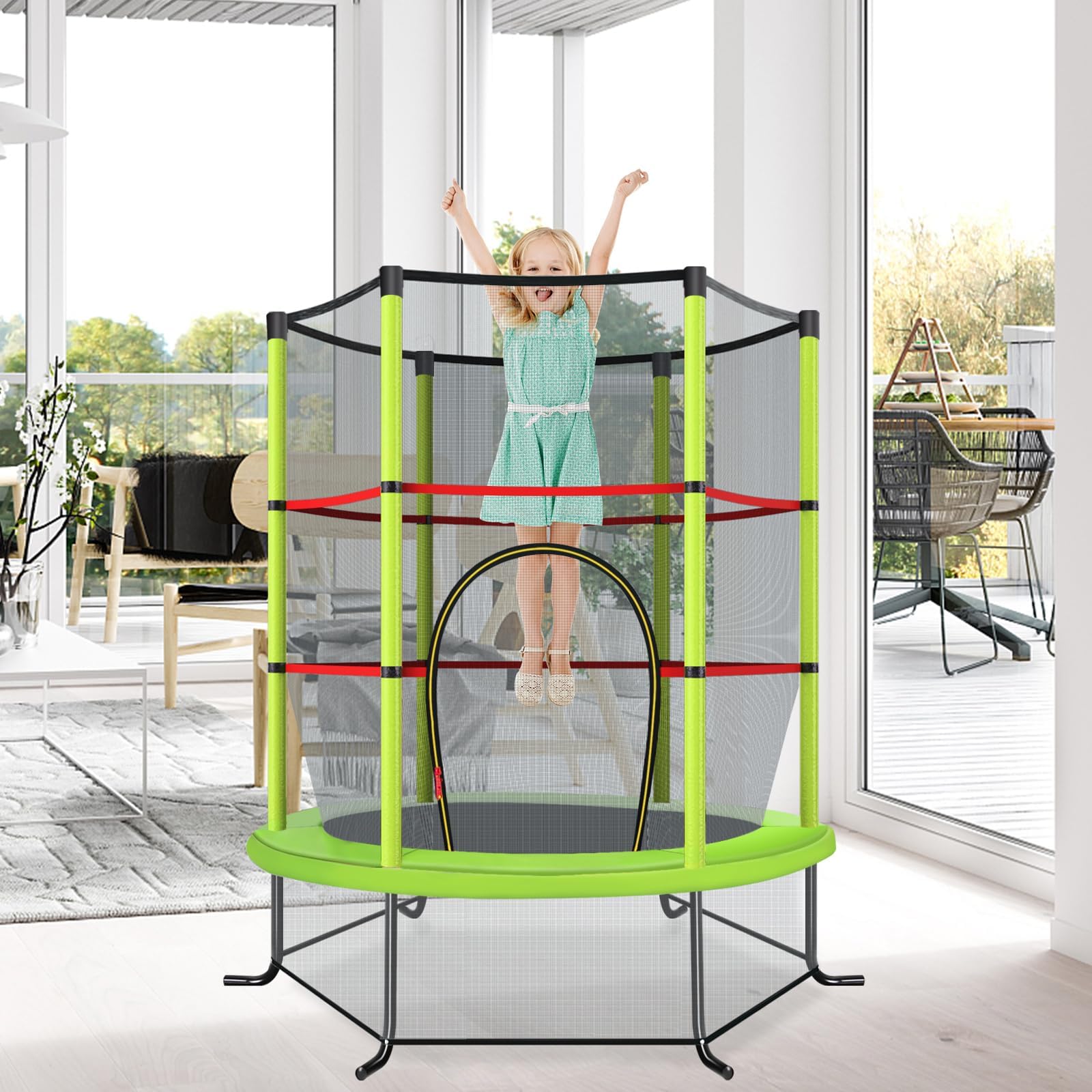 COSTWAY Ø165cm Gartentrampolin mit Sicherheitsnetz, Trampolin bis 135KG belastbar, Indoor-/Outdoortrampolin für Kinder ab 3 Jahre