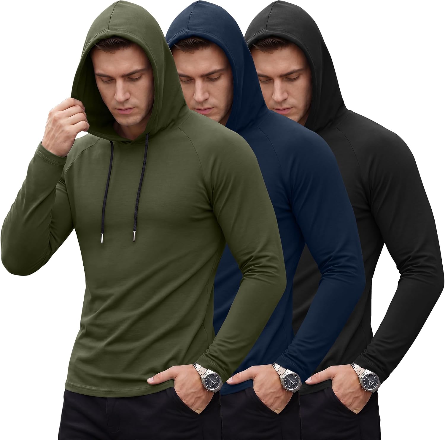 3 Pack Men's Workout Hoodies Long Sleeve Active Shirts Fleece Thermal Drawstring Pullover Base Layer Sweatshirt