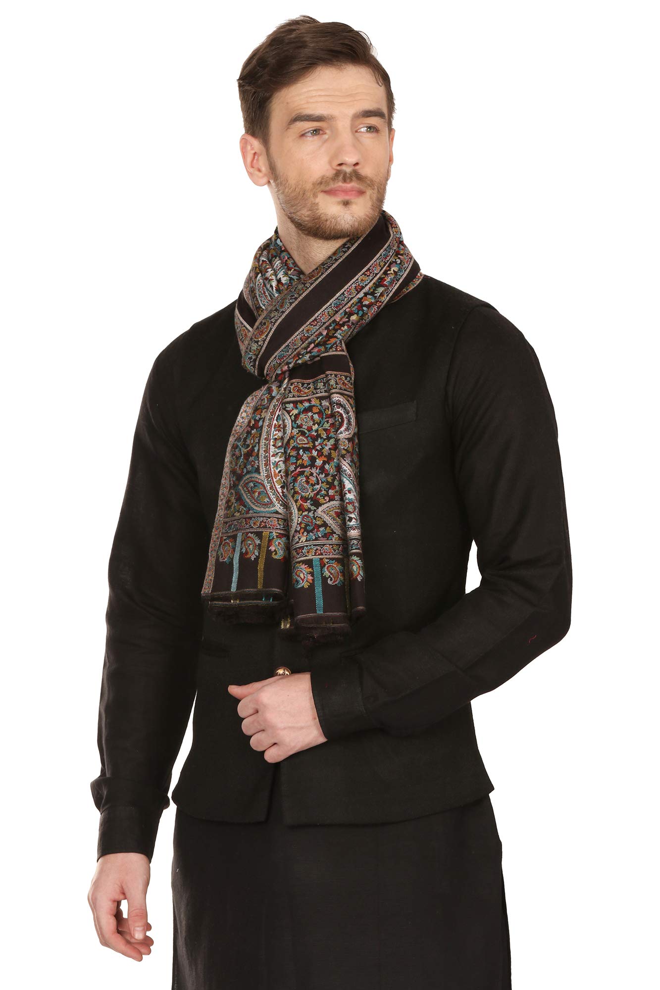Pashtush Mens extra soft Bamboo self fine classic Kaani Stole (Rich Black) 3