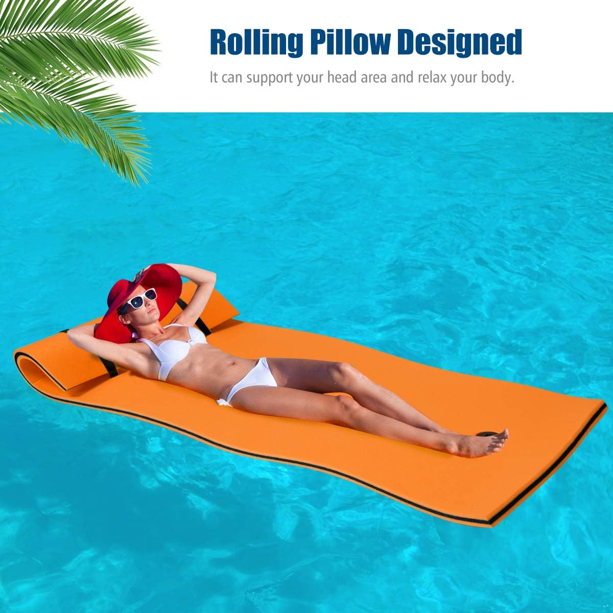 Goplus Floating Water Pad Mat, Lily Pad with Rolling Pillow Design, Bouncy Tear-Resistant 3-Layer XPE Foam, Roll-Up Floating Island River Rafts for Pool Lake Ocean Boat