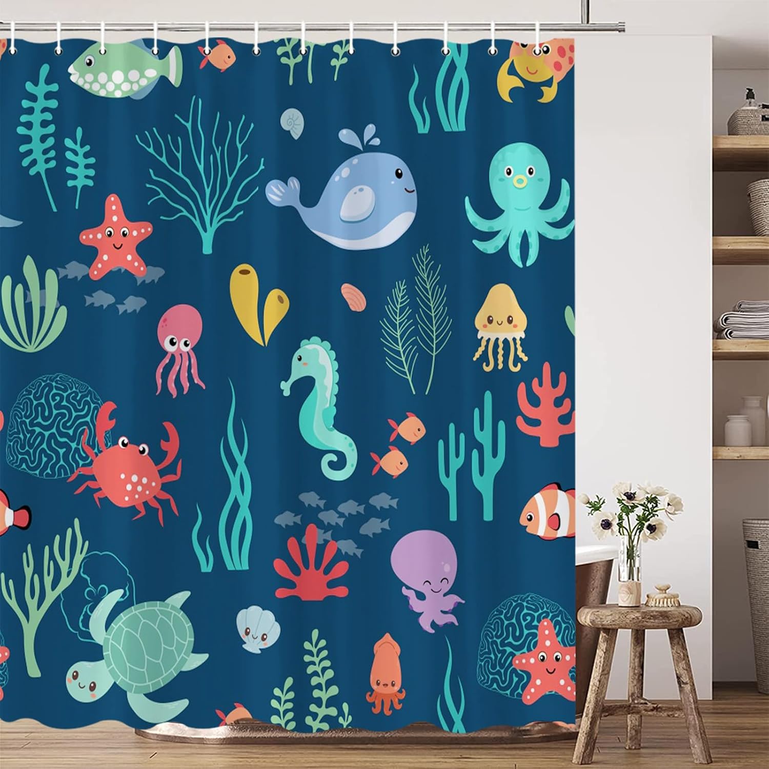 Kids Sea Animal Shower Curtain Funny Whale Cute Cartoon Fish Ocean Undersea Coral Starfish Navy Blue Boys Girls Fabric Bathroom Decor Set with Hooks 70X90 Inch, YL4775AM-180X230CM