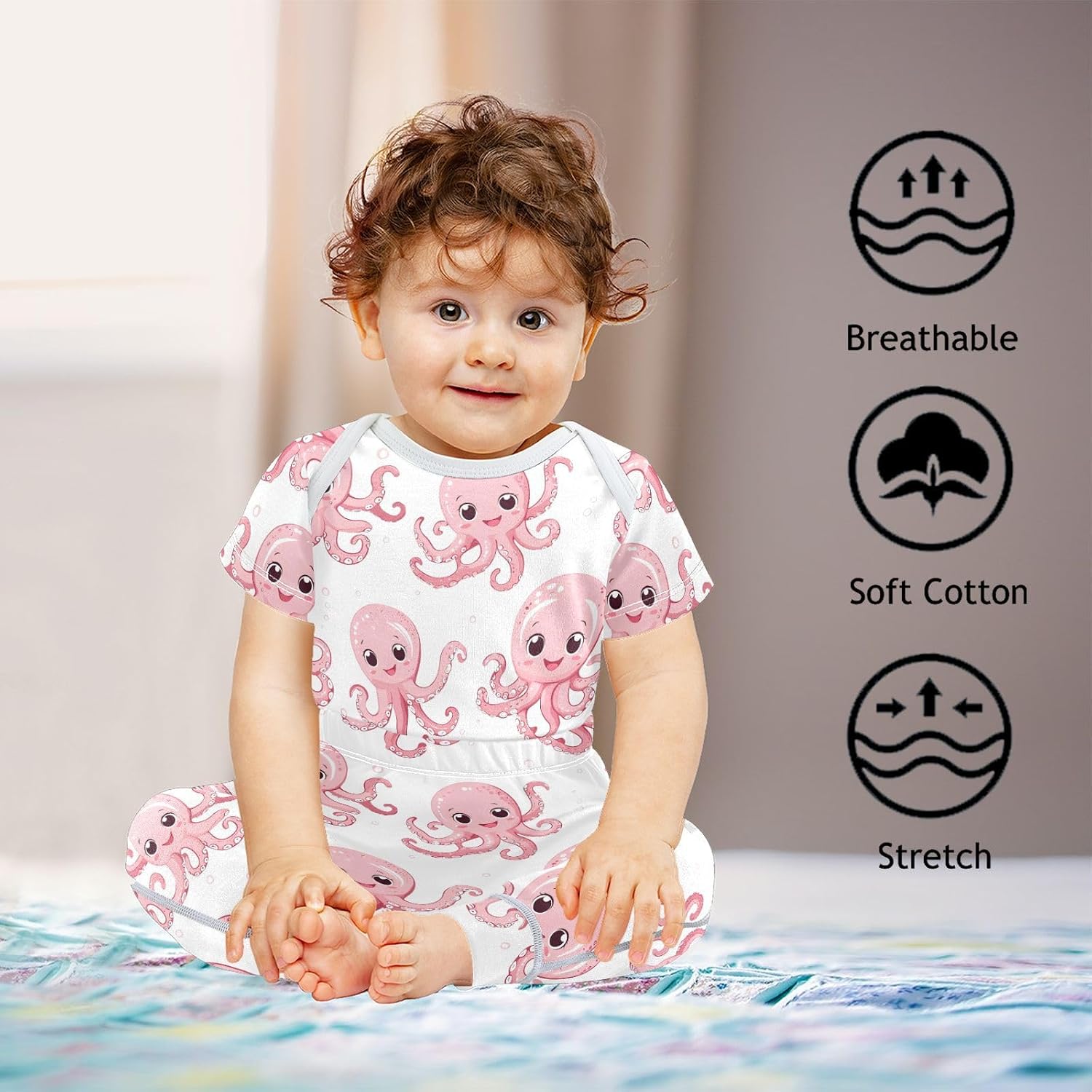 vvfelixl Baby Clothes Pink Squid Baby Bodysuits Set Unisex Short Sleeve Babys Pants Sets 0-3M