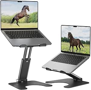 Rottay Collapsible Laptop Stand, Adjustable Height up to 16", Ergonomic Laptop Riser with 2 Angle Adjustment Buttons, Aluminum Laptop Holder Computer Stand Fits MacBook, Laptops Tablets 10-16", Black