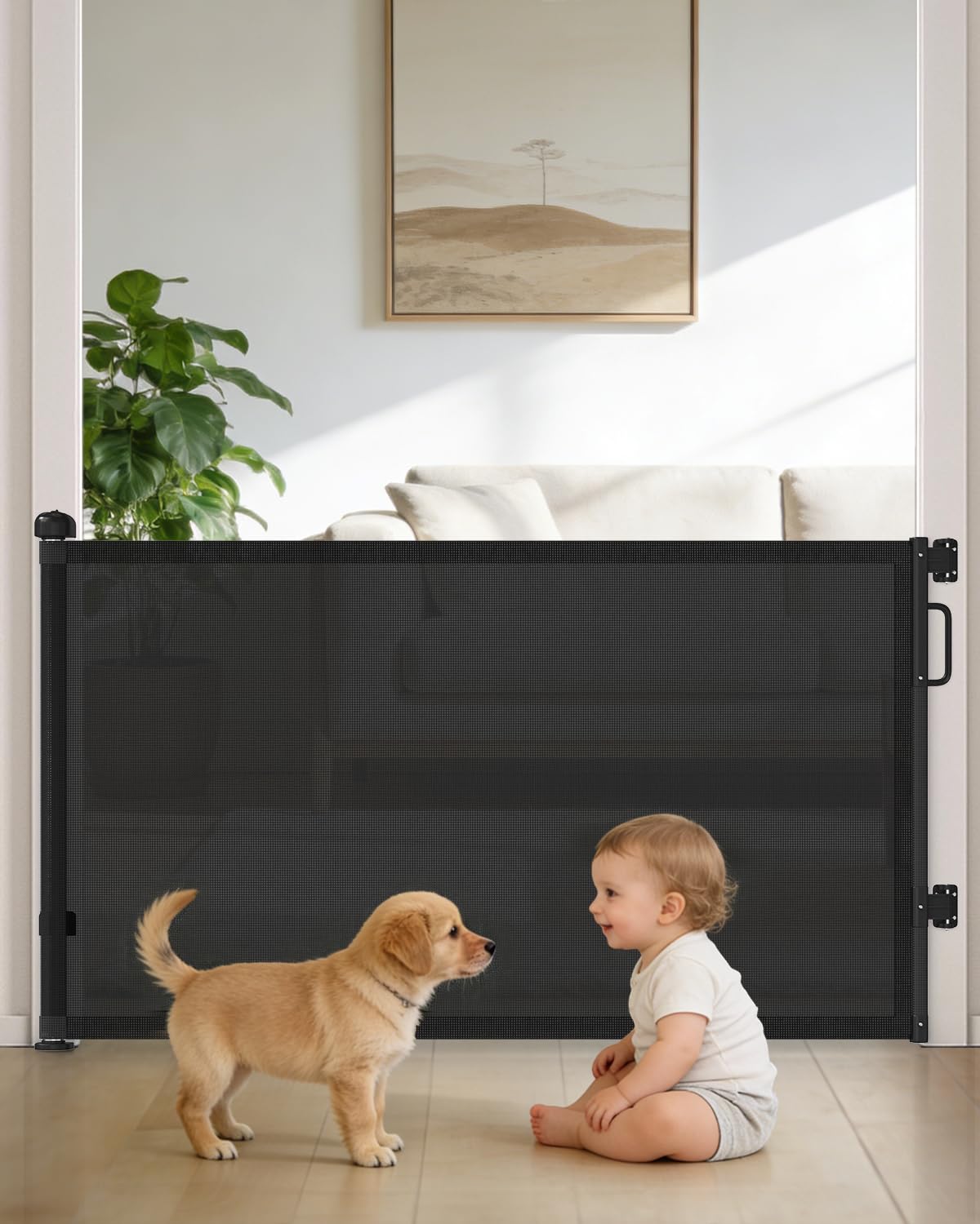 retractable baby gates for doorways, 58" extra wide mesh child dog gate for stairs, 34" tall toddler pet gate indoor and outdoor, easy install, essential for home safety, black