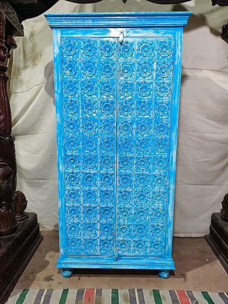 Nazar Art & Craft Solid Mango Wood Hand Craving Wardrobe with Shelf Storage for Living Room, Bedroom, Hotel & Home, Blue Finish, (90 x 40 x 180cm)