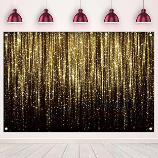 6x4 FT Black and Gold Glitter Bokeh Dots Photography Background Flowing Flash Photo Backdrop Baby Shower Newborn Birthday Happy New Year Party Banner Decorations Supplies Polyester