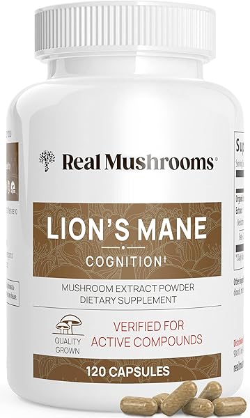 Real Mushrooms Lions Mane Mushroom Cognition (120 Capsules) Lions Mane Mushroom Powder Extract Capsules | Brain Supplement, Brain Vitamins, Focus Supplement