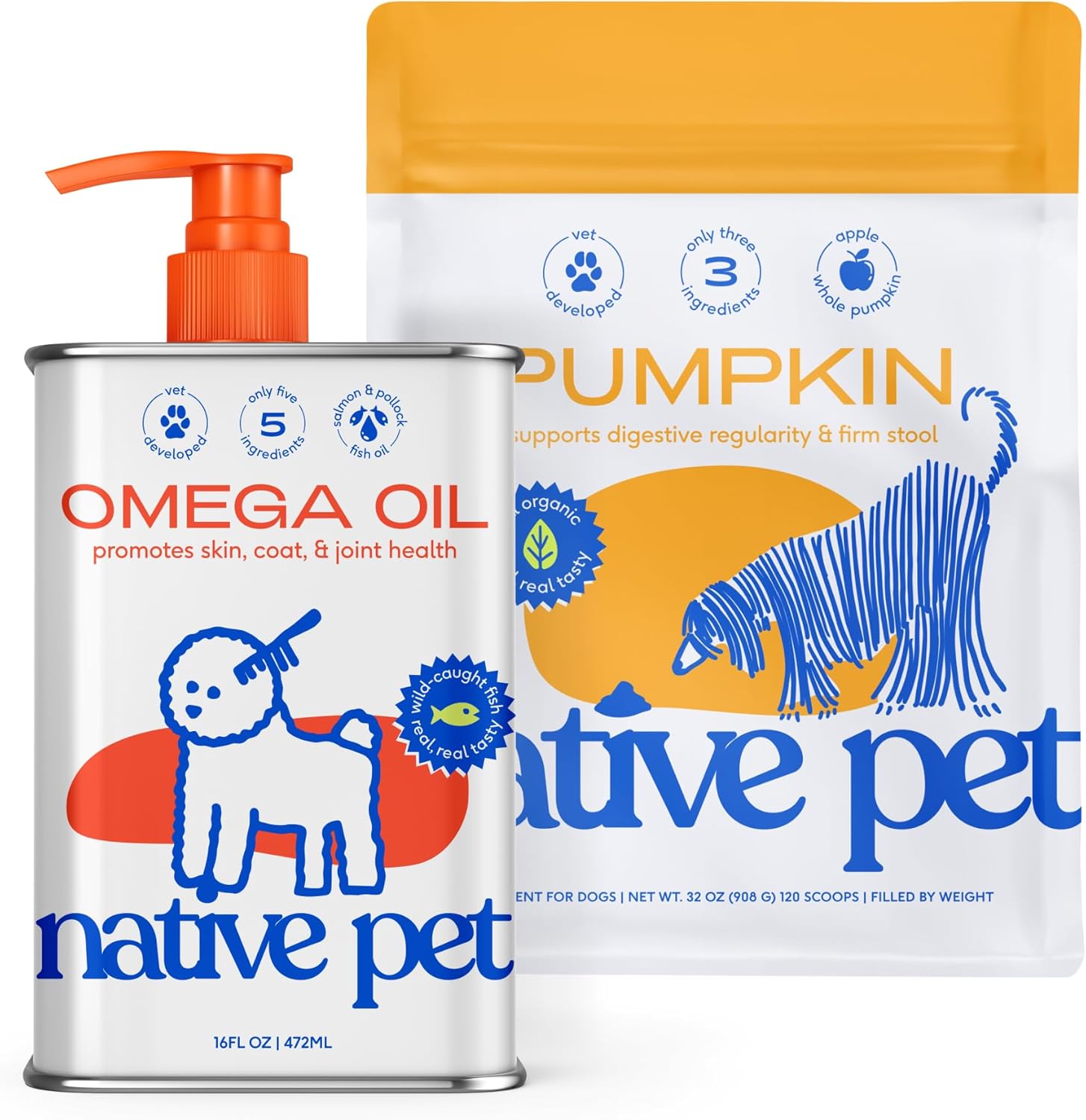 Native Pet Omega Oil for Dogs (16 Oz.) & Pumpkin for Dogs (120 Scoops) - Dog Fish Oil Supplements & All-Natural, Organic Pumpkin Fiber for Dogs