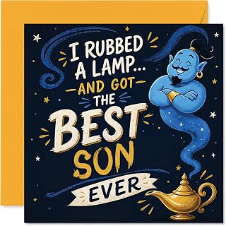 Stuff4 Playful Birthday Card for Son, A Wish Come True | Genie and Magic Lamp with Shimmering Stars, A Cheeky Way to Show Just How Lucky You Feel, 5.7 Inch Square, Envelope Included