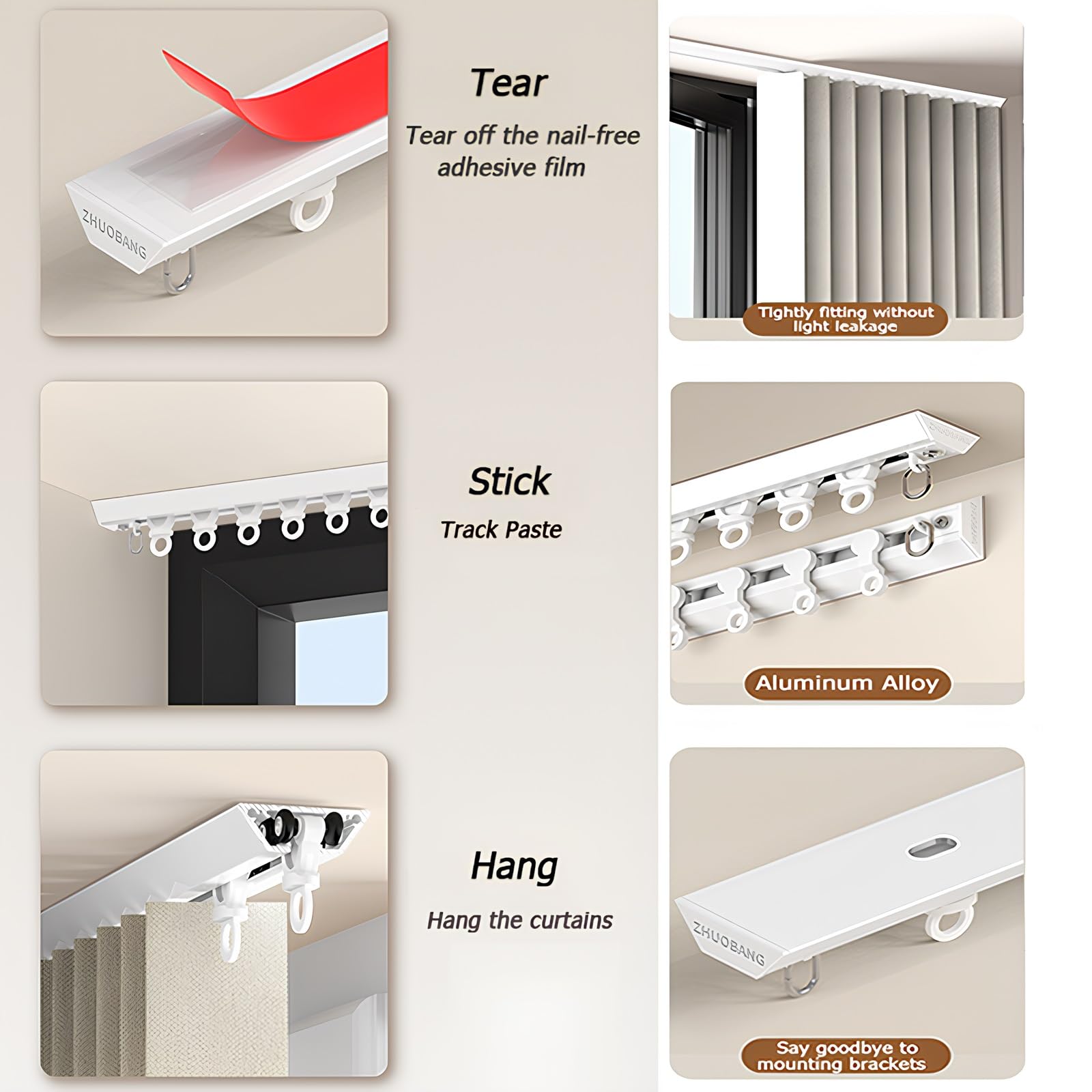 Rail de Rideau Auto-Adhésif, sans Perçage au Plafond ou au Mur, Tringle à Rideau Installation Facile pour Bureau, Salon, Chambre(White-Wall,4.8m(4 * 1.2m))