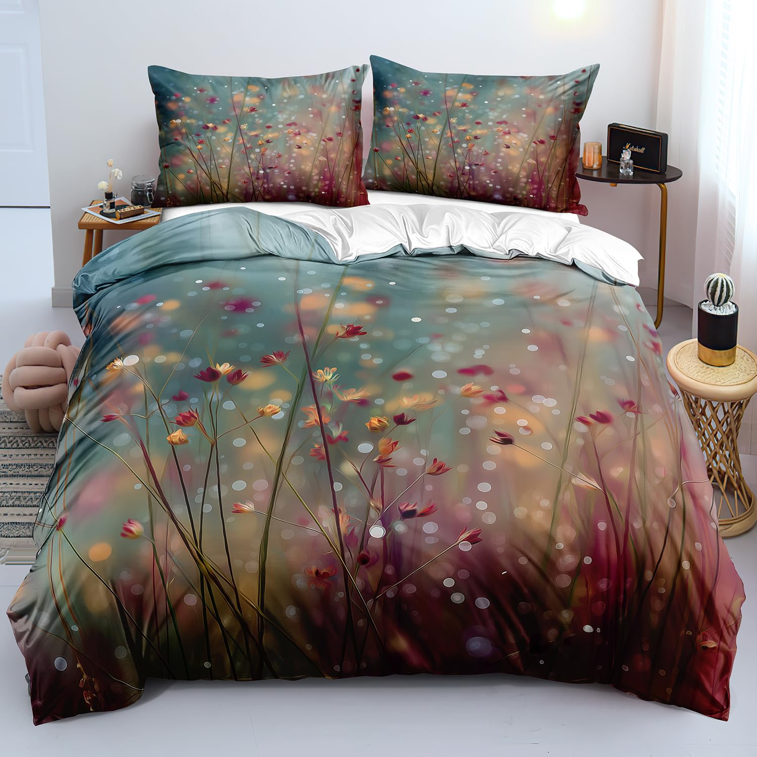 Housse de couette 140x200 florale pour lit 1 personne avec taie d'oreiller