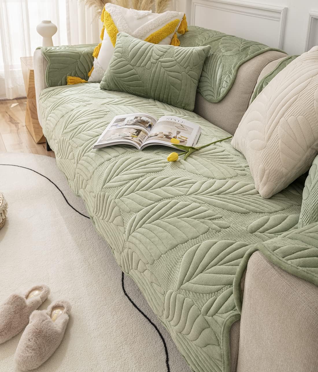 vctops Leaves Pattern Plush Sofa Cover Super Soft Warm Sectional Couch Cover Non-Slip Sofa Slipcover for Dogs, Cats, Kids, Pets Furniture Protector (Light Grey,36"x82")