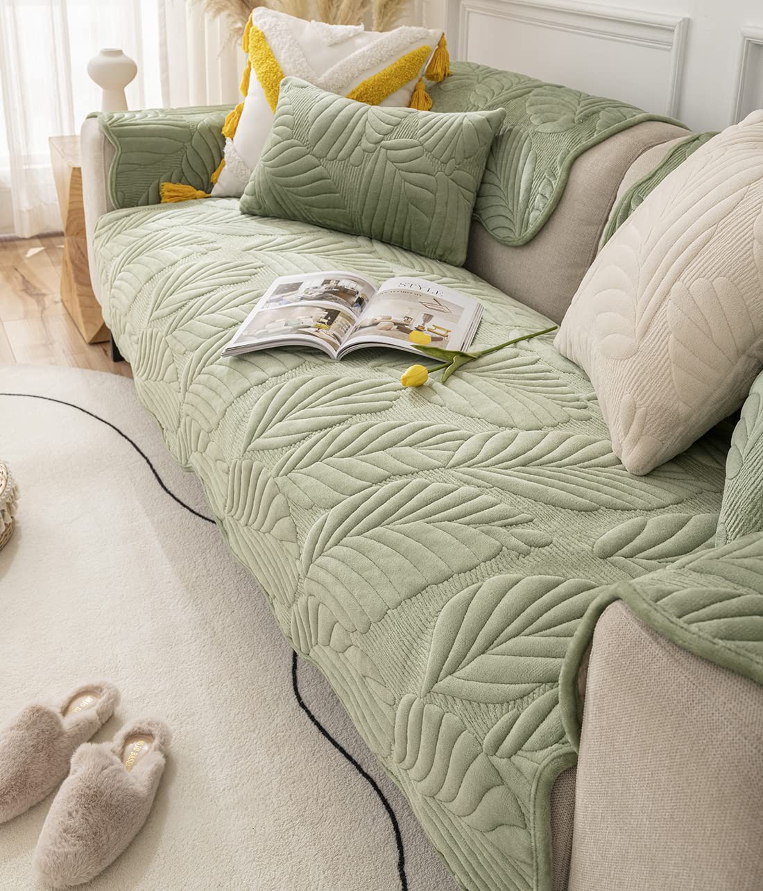 vctops Leaves Pattern Plush Sofa Cover Super Soft Warm Sectional Couch Cover Non-Slip Sofa Slipcover for Dogs, Cats, Kids, Pets Furniture Protector (