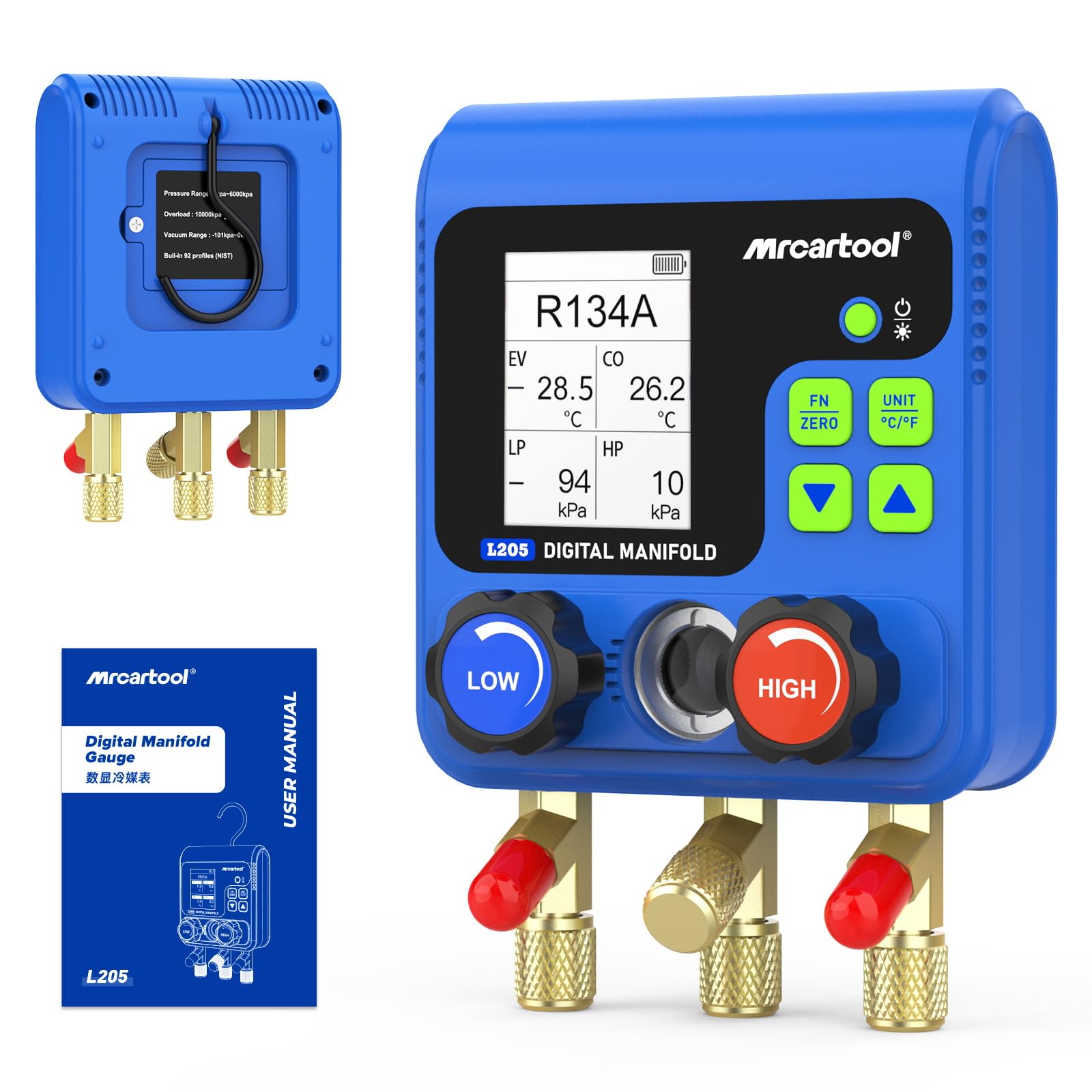 Manómetros múltiples digitales HVAC con 92 refrigerantes, manómetro múltiple digital L205 para pruebas de presión y fugas con pantalla HD a color de 2.4"compatible con