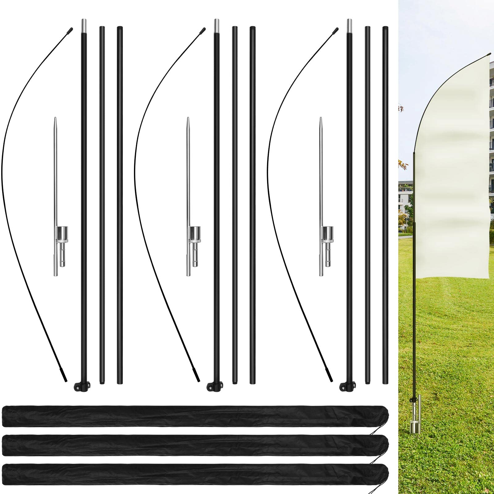 Blulu 3 Sets Advertising Flag Pole with Ground Mounting Stake Aluminum Windless Flagpole Feather Flag Bundles with Storage Bag for Advertising Flags Sign Businesses Storefronts Banner Outdoor (11 ft)